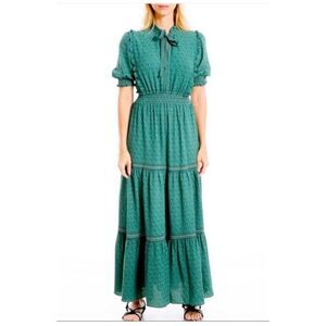 Max Studio Green Floral Print‎ Tie-Neck Smocked Waist Maxi Dress Size M